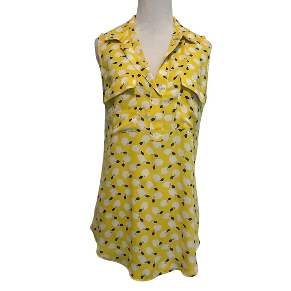 LOFT Lemon Print Top Womens Medium Yellow Novelty Playful Lemonade Tank - Picture 2 of 9